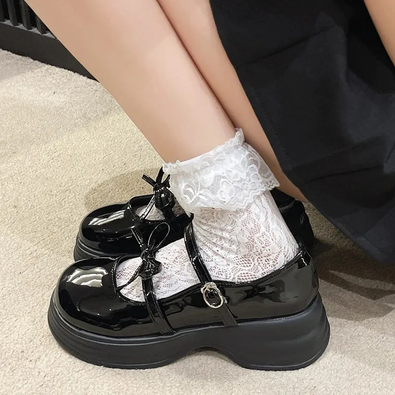 AMOZAE- -  Black Chunky Platform Mary Jane Patent Leather Pumps