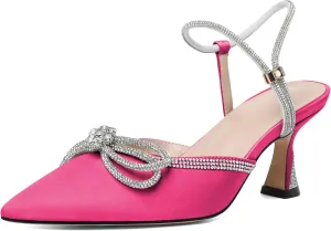 Joseywade Rhinestone Bow Heels Women Pointed Toe Low Heel Pumps Adjustable Ankle Strap Wedding Bridal Party Shoes