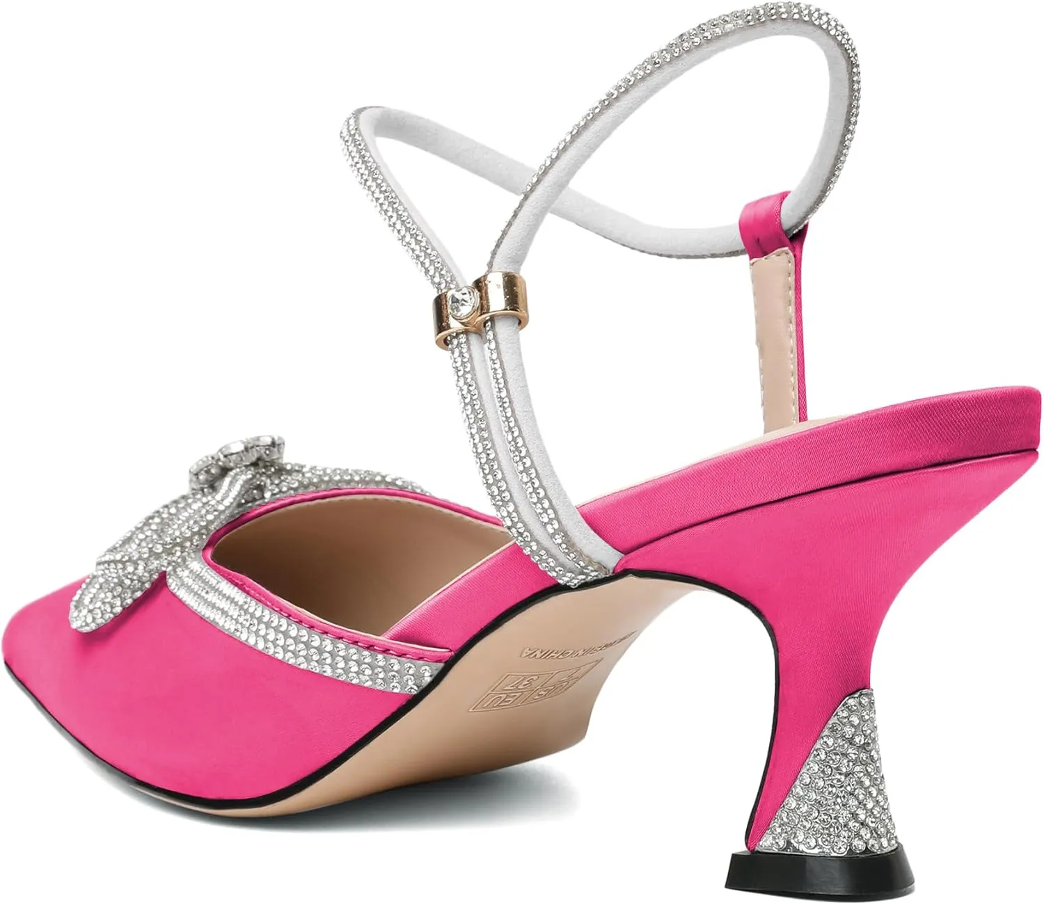 Joseywade Rhinestone Bow Heels Women Pointed Toe Low Heel Pumps Adjustable Ankle Strap Wedding Bridal Party Shoes