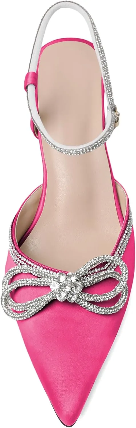 Joseywade Rhinestone Bow Heels Women Pointed Toe Low Heel Pumps Adjustable Ankle Strap Wedding Bridal Party Shoes