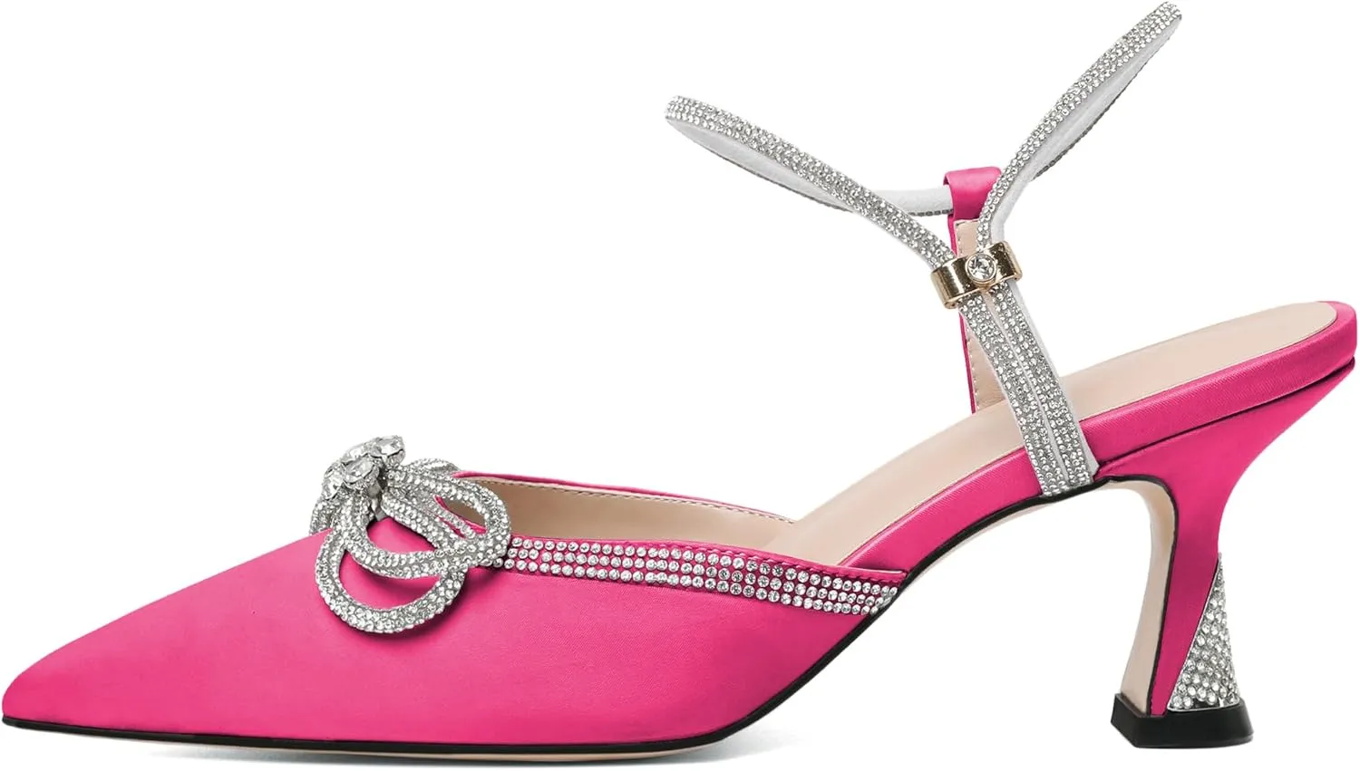 Joseywade Rhinestone Bow Heels Women Pointed Toe Low Heel Pumps Adjustable Ankle Strap Wedding Bridal Party Shoes