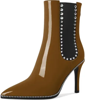 SAMMITOP Women's Pointed Toe Ankle Boots Stiletto High Heel Chelsea Boots Fashion Silver Beaded Rivets Dress Short Booties Shoes with Back Zipper 4 Inch