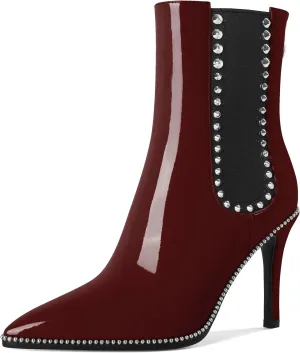 SAMMITOP Women's Pointed Toe Ankle Boots Stiletto High Heel Chelsea Boots Fashion Silver Beaded Rivets Dress Short Booties Shoes with Back Zipper 4 Inch