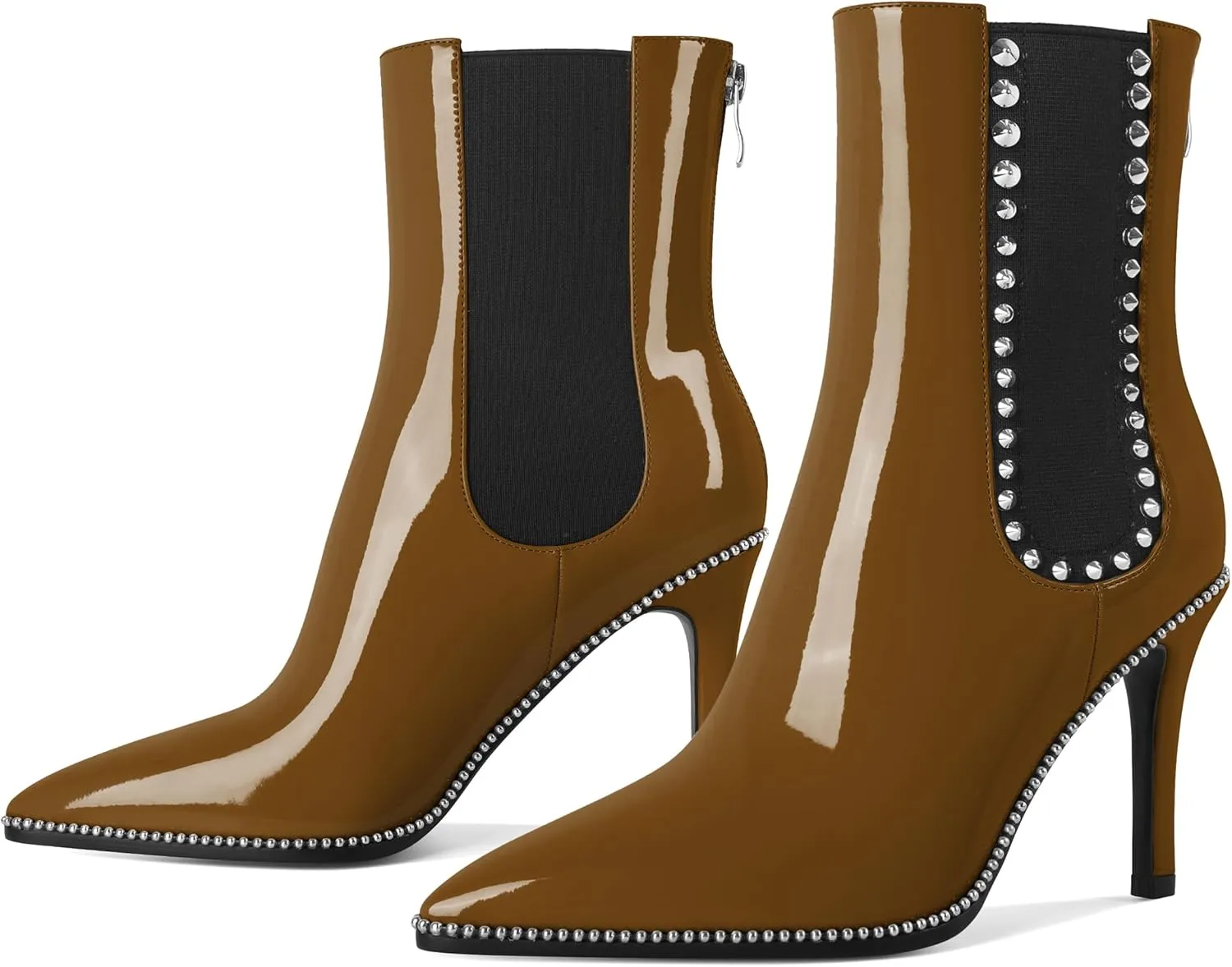 SAMMITOP Women's Pointed Toe Ankle Boots Stiletto High Heel Chelsea Boots Fashion Silver Beaded Rivets Dress Short Booties Shoes with Back Zipper 4 Inch