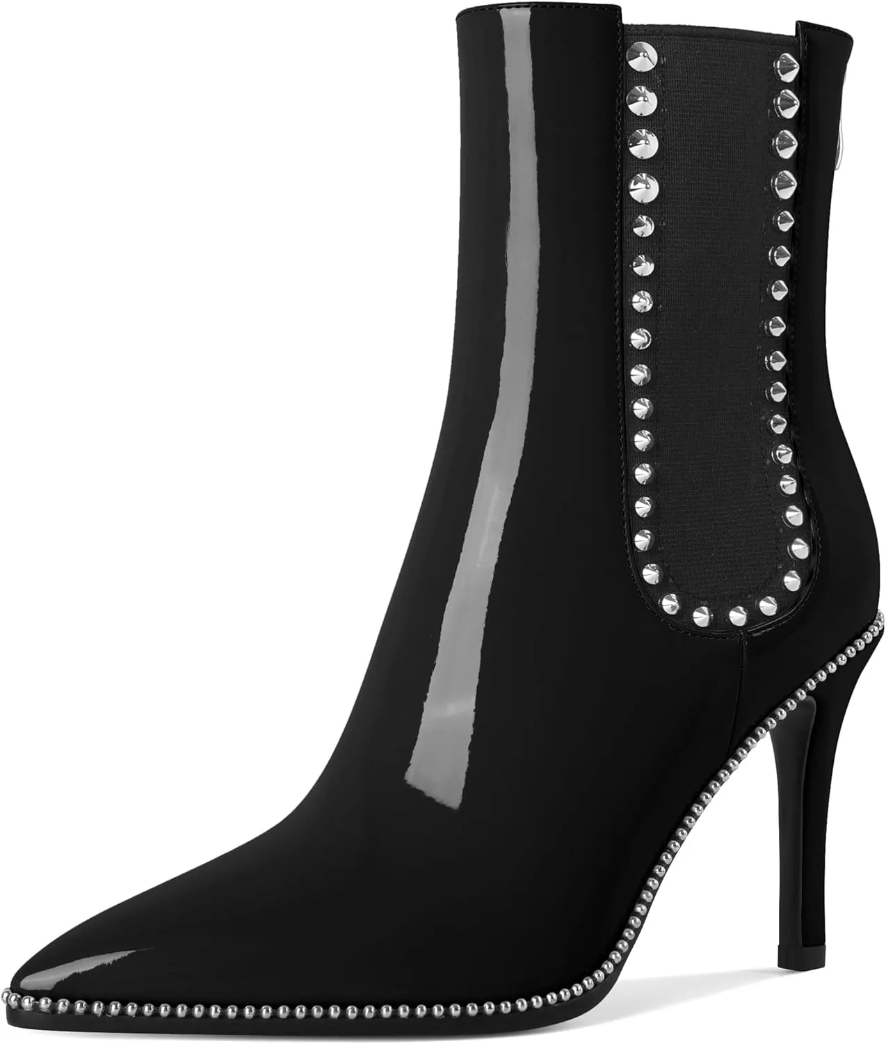 SAMMITOP Women's Pointed Toe Ankle Boots Stiletto High Heel Chelsea Boots Fashion Silver Beaded Rivets Dress Short Booties Shoes with Back Zipper 4 Inch