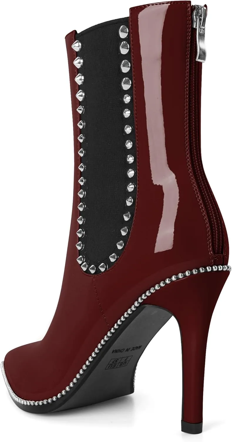 SAMMITOP Women's Pointed Toe Ankle Boots Stiletto High Heel Chelsea Boots Fashion Silver Beaded Rivets Dress Short Booties Shoes with Back Zipper 4 Inch