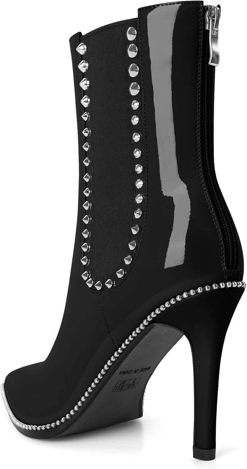 SAMMITOP Women's Pointed Toe Ankle Boots Stiletto High Heel Chelsea Boots Fashion Silver Beaded Rivets Dress Short Booties Shoes with Back Zipper 4 Inch