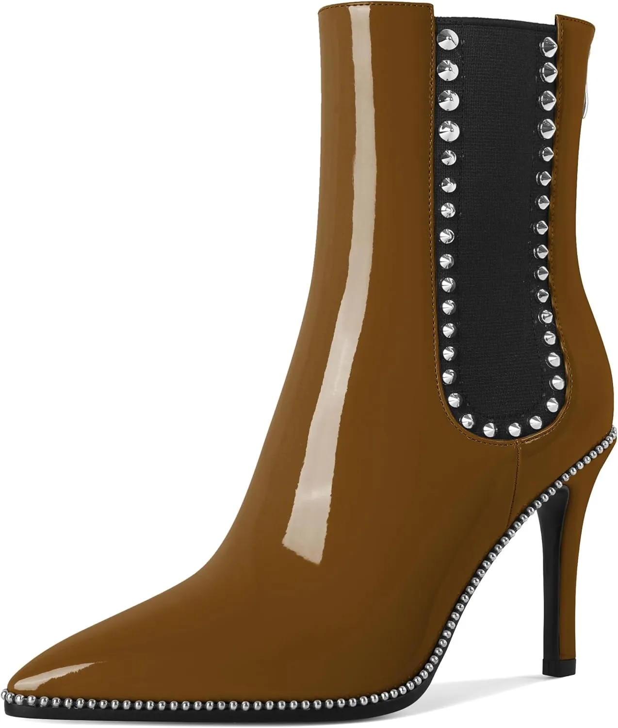 SAMMITOP Women's Pointed Toe Ankle Boots Stiletto High Heel Chelsea Boots Fashion Silver Beaded Rivets Dress Short Booties Shoes with Back Zipper 4 Inch