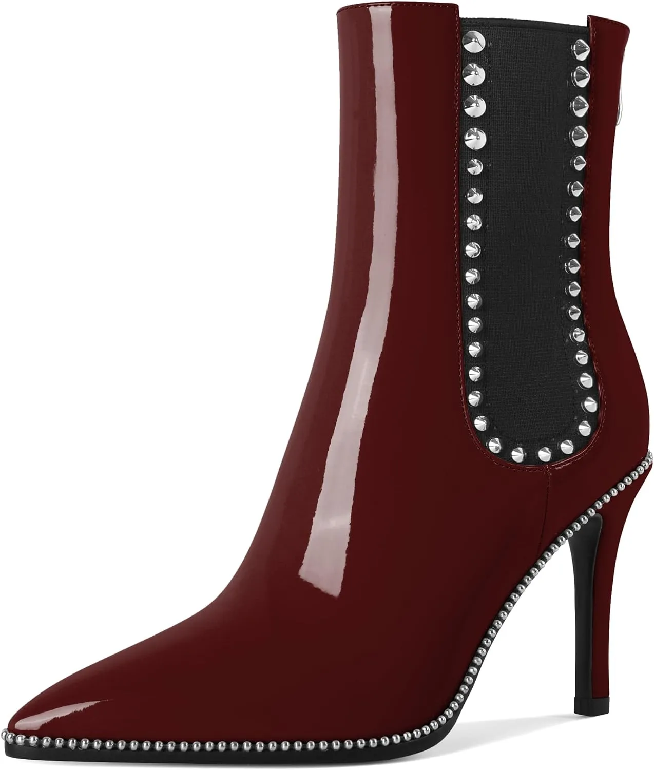 SAMMITOP Women's Pointed Toe Ankle Boots Stiletto High Heel Chelsea Boots Fashion Silver Beaded Rivets Dress Short Booties Shoes with Back Zipper 4 Inch