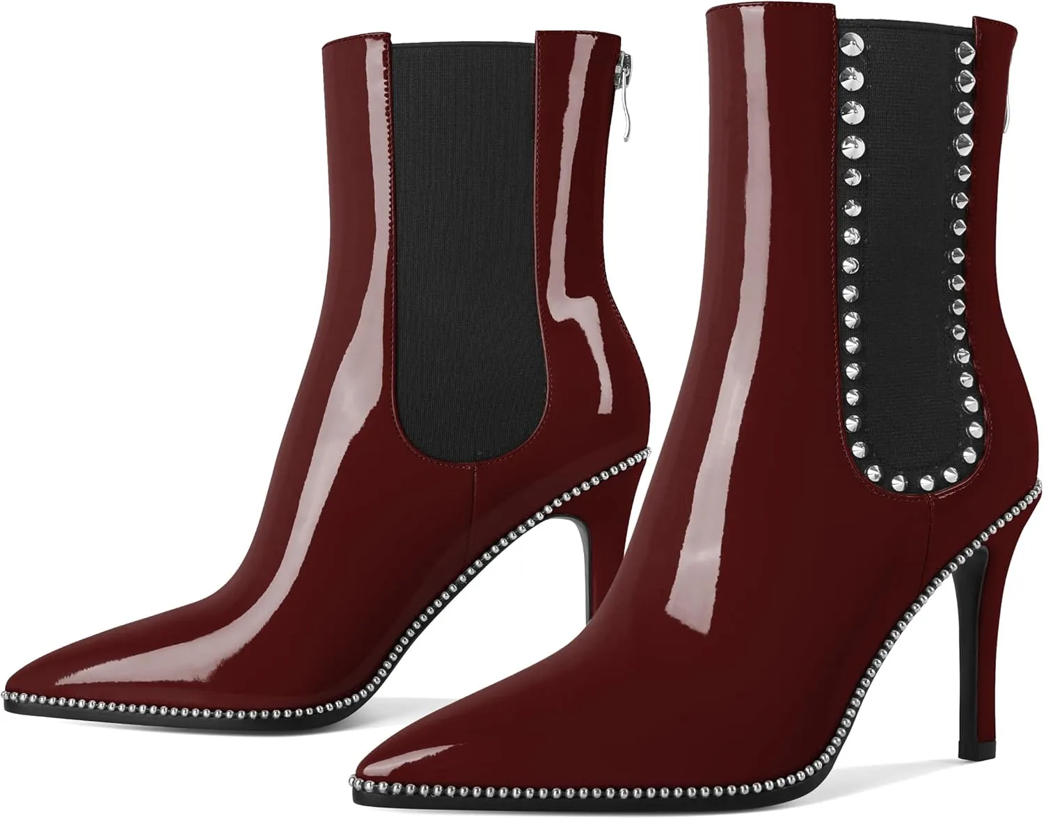 SAMMITOP Women's Pointed Toe Ankle Boots Stiletto High Heel Chelsea Boots Fashion Silver Beaded Rivets Dress Short Booties Shoes with Back Zipper 4 Inch
