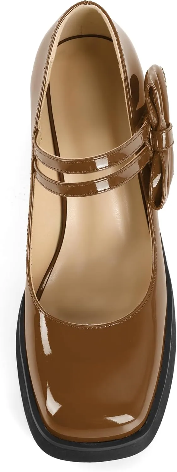 Women's Mary Jane Shoes Bow Heels Square Toe Heels Chunky Heel Pumps 3.4 Inch Cute Beauty Dressy Shoes