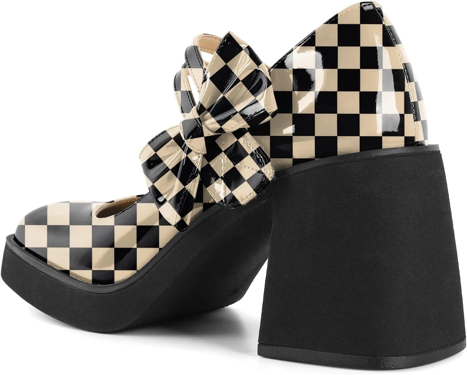 Women's Mary Jane Shoes Bow Heels Square Toe Heels Chunky Heel Pumps 3.4 Inch Cute Beauty Dressy Shoes