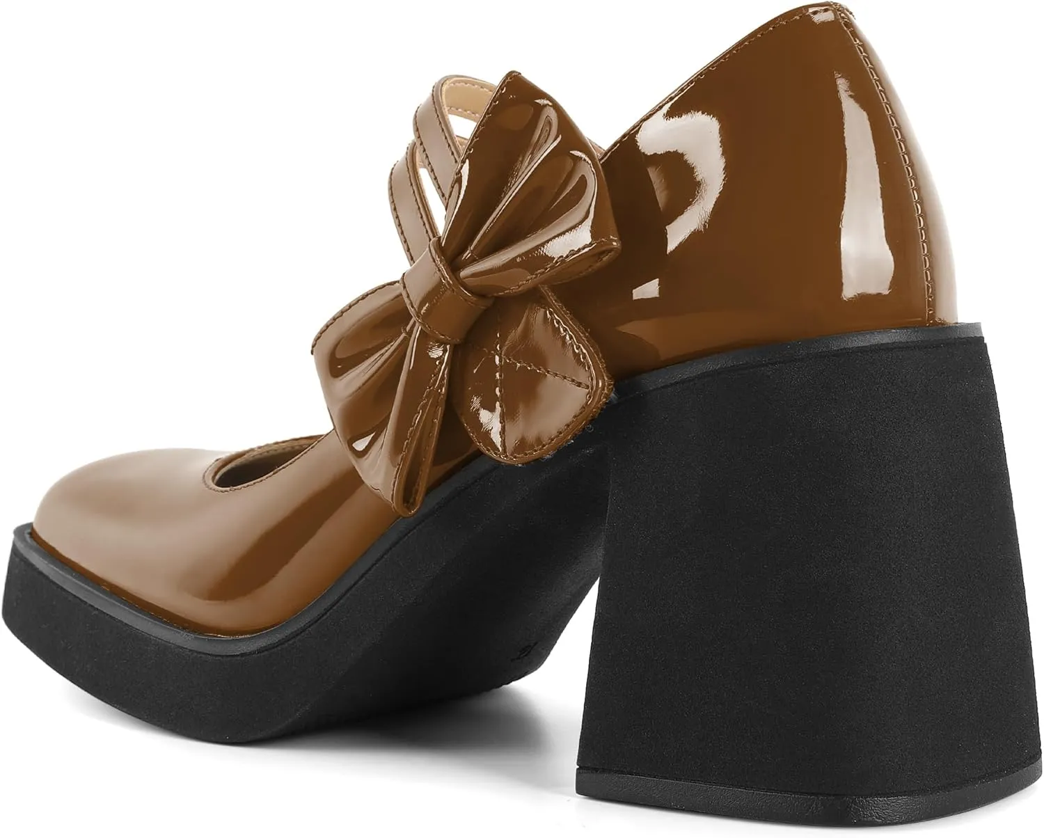 Women's Mary Jane Shoes Bow Heels Square Toe Heels Chunky Heel Pumps 3.4 Inch Cute Beauty Dressy Shoes