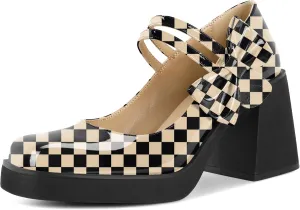 Women's Mary Jane Shoes Bow Heels Square Toe Heels Chunky Heel Pumps 3.4 Inch Cute Beauty Dressy Shoes