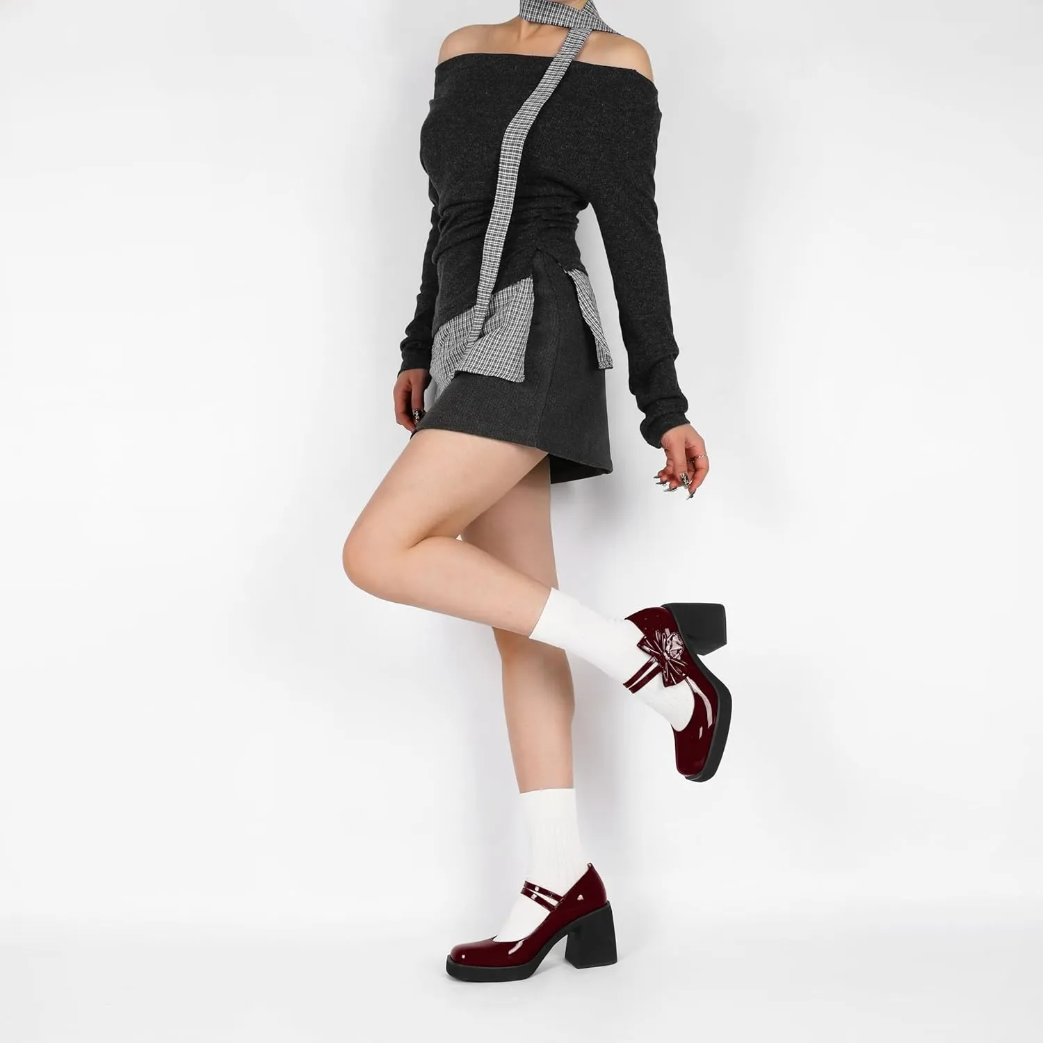 Women's Mary Jane Shoes Bow Heels Square Toe Heels Chunky Heel Pumps 3.4 Inch Cute Beauty Dressy Shoes