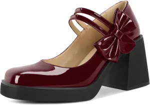 Women's Mary Jane Shoes Bow Heels Square Toe Heels Chunky Heel Pumps 3.4 Inch Cute Beauty Dressy Shoes