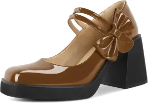 Women's Mary Jane Shoes Bow Heels Square Toe Heels Chunky Heel Pumps 3.4 Inch Cute Beauty Dressy Shoes