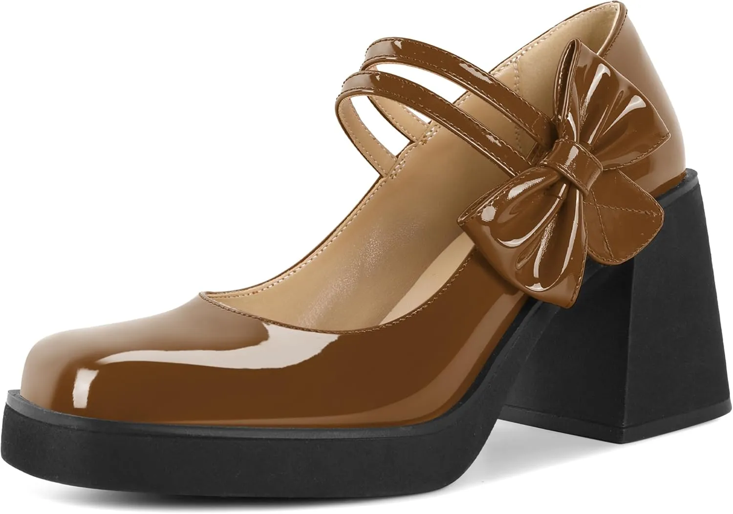 Women's Mary Jane Shoes Bow Heels Square Toe Heels Chunky Heel Pumps 3.4 Inch Cute Beauty Dressy Shoes
