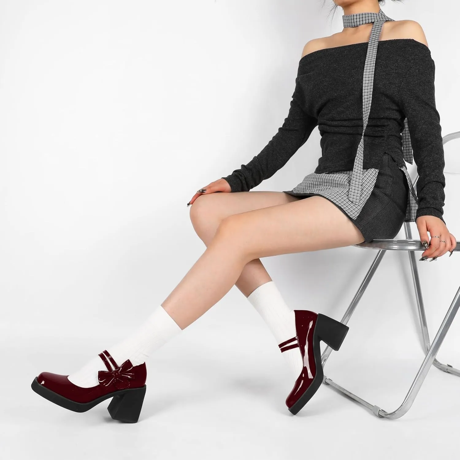 Women's Mary Jane Shoes Bow Heels Square Toe Heels Chunky Heel Pumps 3.4 Inch Cute Beauty Dressy Shoes